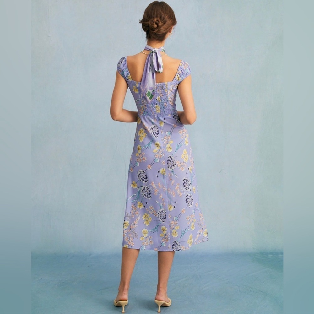 RIHOAS Square Neck Floral Shirred Midi Dress Sz XS